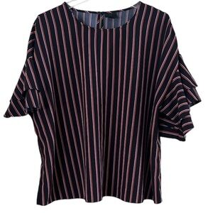 Worthington Women’s Blouse Flutter Sleeves Relax Fit Black Pink Stripes Size 0X